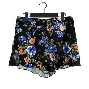 NWT Cute Floral Print Ruffled High Waist Silky Feel Button Zip Up Shorts S Black